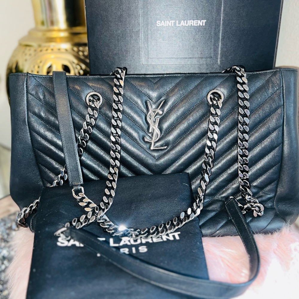 YSL Sheepskin Matelasse Chevron Large Monogram Shopping Bag Light Coal
